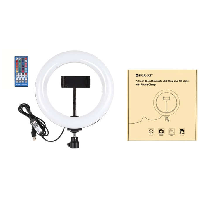 PULUZ 7.9 inch 20cm USB RGB Dimmable LED Dual Color Temperature LED Curved Light Ring Vlogging Se...