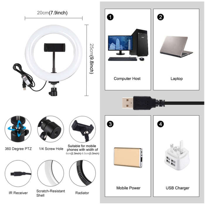 PULUZ 7.9 inch 20cm USB RGB Dimmable LED Dual Color Temperature LED Curved Light Ring Vlogging Se...