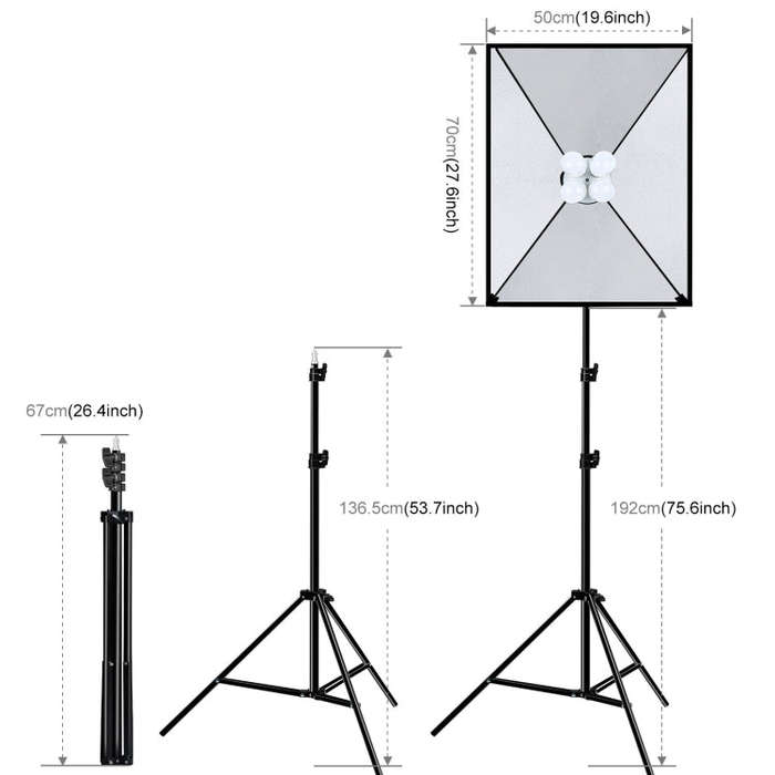 PULUZ 50x70cm Studio Softbox + 2m Tripod Mount + 4 x E27 20W 5700K White Light LED Light Bulb Pho...