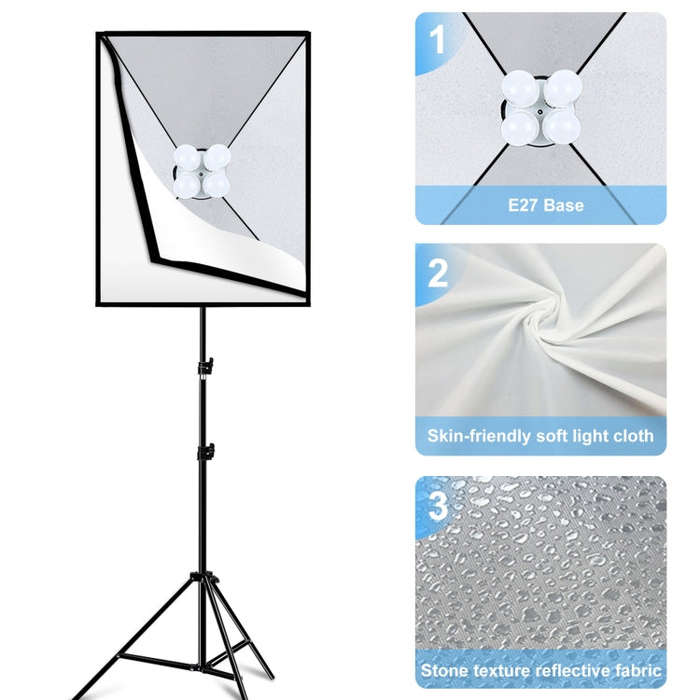 PULUZ 50x70cm Studio Softbox + 2m Tripod Mount + 4 x E27 20W 5700K White Light LED Light Bulb Pho...