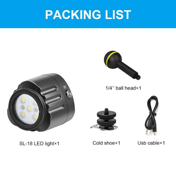 PULUZ 40m Underwater LED Photography Fill Light 1000LM 3.7V/1100mAh Diving Light for GoPro, Insta...