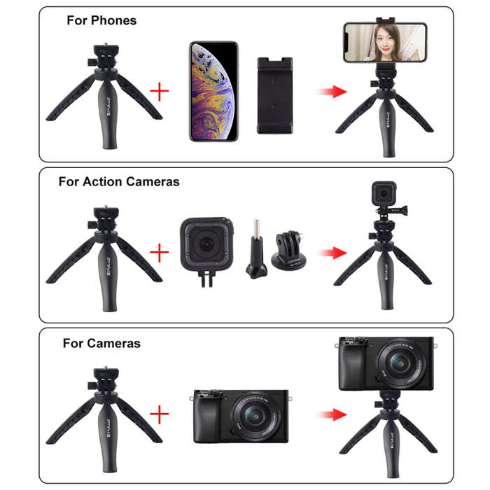 PULUZ Desk Plastic Tripod Mount with Phone Clamp & Adjusting Tripod Head for Smartphones(Black)