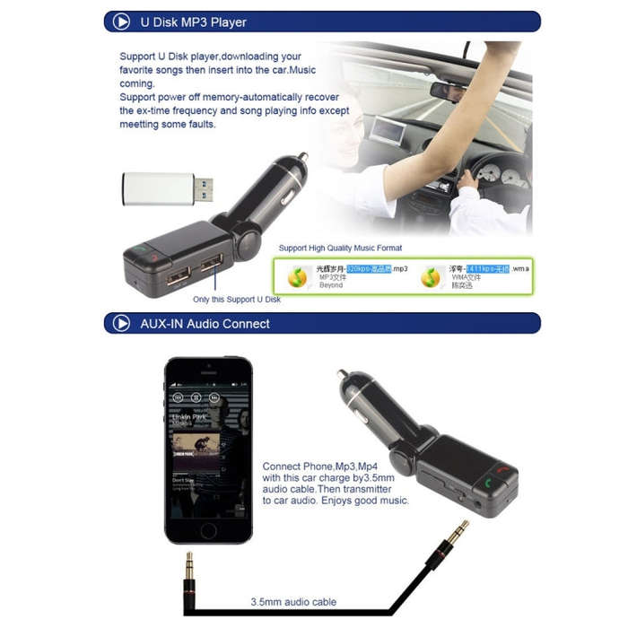 BC-06 Bluetooth Car Kit FM Transmitter Car MP3 Player with LED Display 2 USB Charger & Handsfree ...