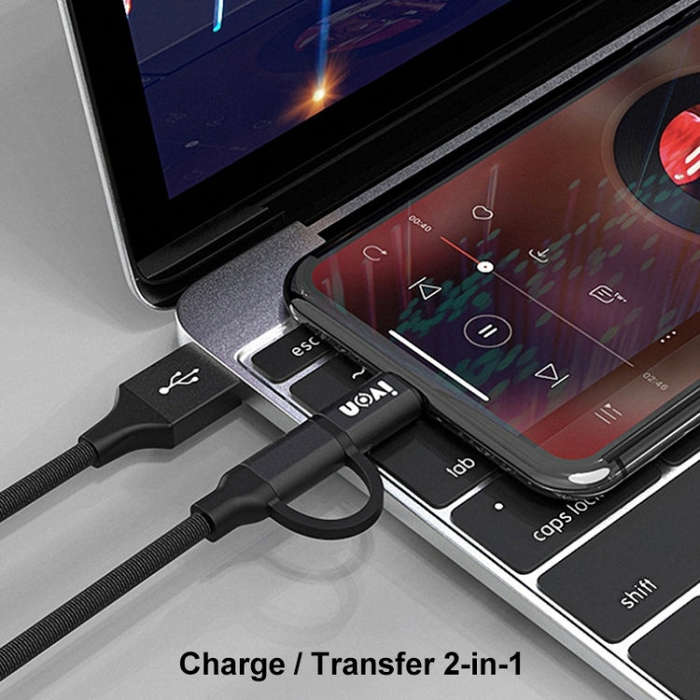 IVON CA52 2.4A USB to Type-C + Micro USB 2 in 1 Charging Sync Data Cable, Length: 1m (Black)