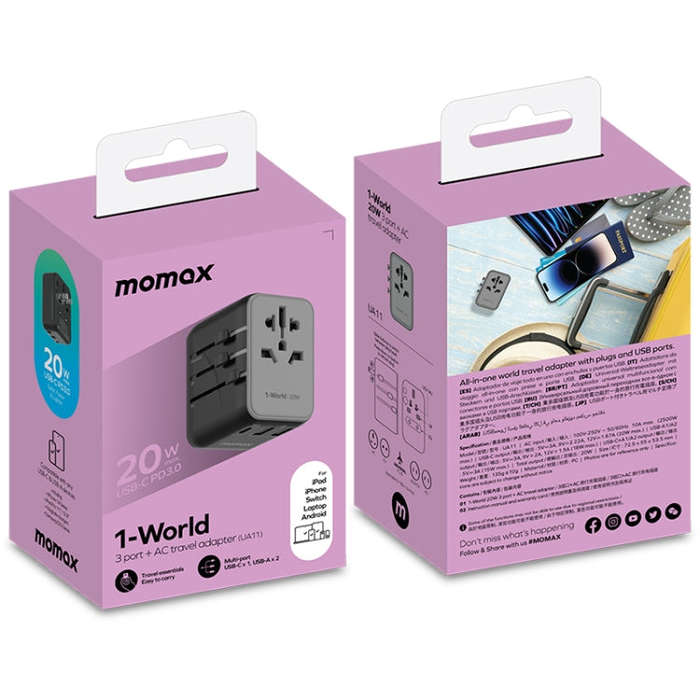 MOMAX UA11 1-World 20W PD Global Travel Fast Charger Power Adapter(Black)