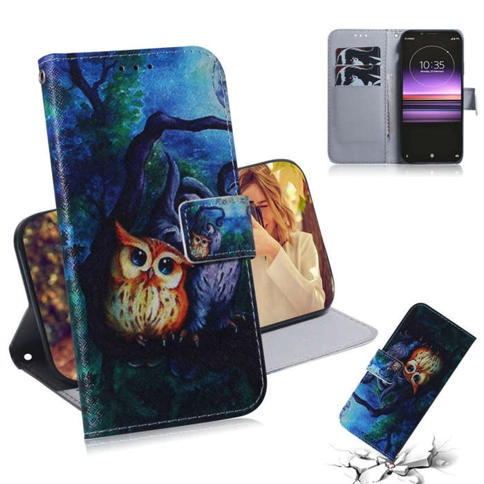Oil Painting Owl Pattern Coloured Drawing Horizontal Flip Leather Case for Sony Xperia 1, with Ho...
