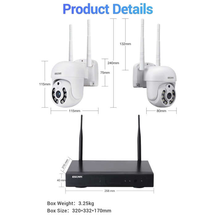 ESCAM WNK714 3.0 Million Pixels 4-channel HD Dome Camera NVR Wireless Monitoring Kit, UK Plug