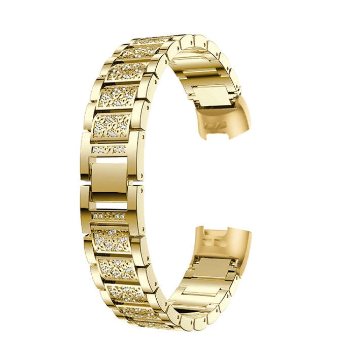 Diamond-studded Solid Stainless Steel Watch Band for Fitbit Charge 3(Gold)