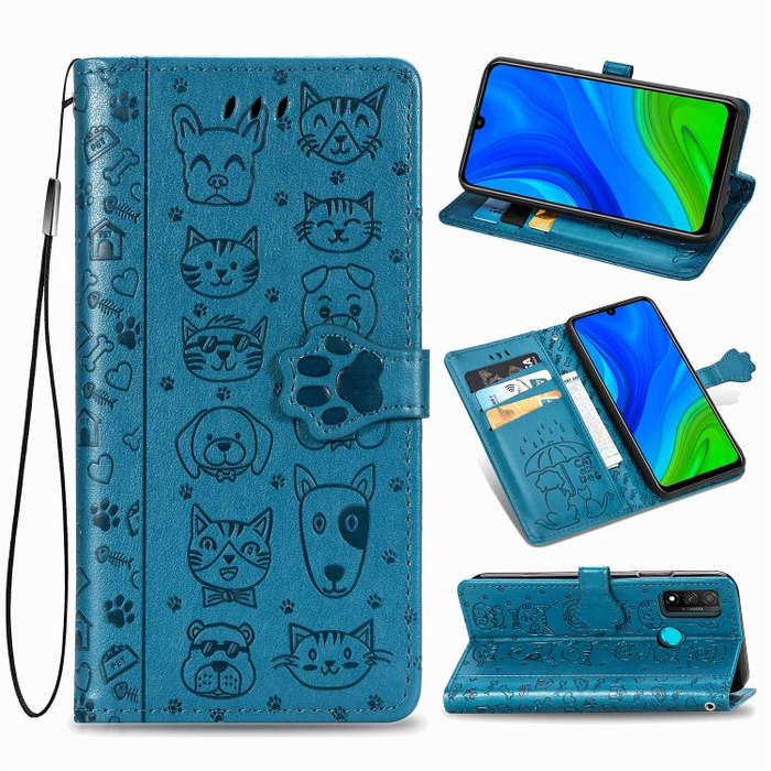 For Huawei P Smart 2020 Lovely Cat and Dog Embossing Pattern Horizontal Flip Leather Case , with ...