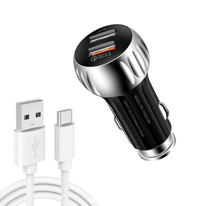 YSY-310QC18W QC3.0 Dual Port USB Car Charger + 3A USB to USB-C / Type-C Data Cable, Cable Length:...