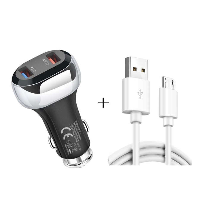 YSY-312 2 in 1 18W Portable QC3.0 Dual USB Car Charger + 1m 3A USB to Micro USB Data Cable Set(Bl...