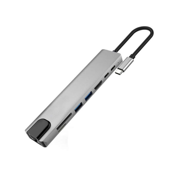 Aluminum Alloy 8 in 1 Multi HD USB 3.0 USB-C Hub Adapter Charging SD PD and TF RJ45 Card Reader A...