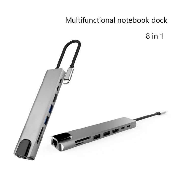 Aluminum Alloy 8 in 1 Multi HD USB 3.0 USB-C Hub Adapter Charging SD PD and TF RJ45 Card Reader A...