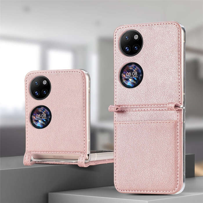 For Huawei P50 Pocket Litchi Pattern Card Folding Phone Case(Pink)