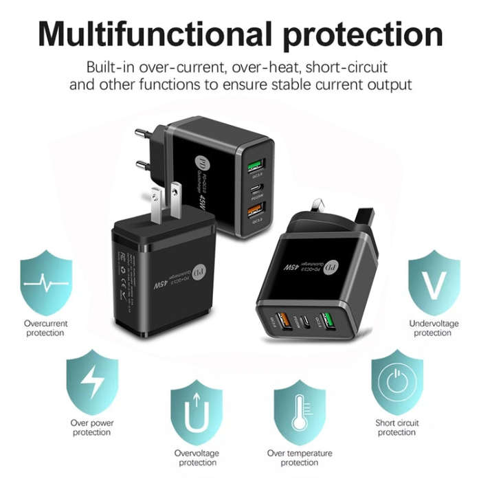 45W PD3.0 + 2 x QC3.0 USB Multi Port Charger with Type-C to Type-C Cable, UK Plug(Black)