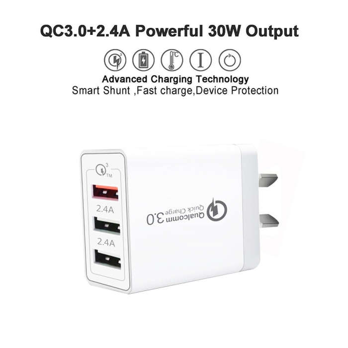 SDC-30W QC3.0 USB + 2 x USB2.0 Port Quick Charger with USB to Micro USB  Cable, AU Plug