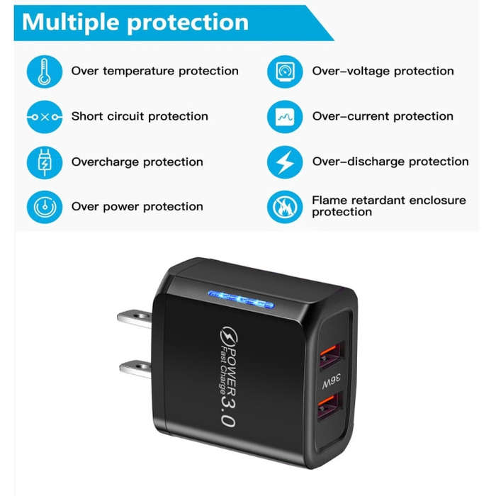 36W Dual Port QC3.0 USB Charger with 3A USB to Micro USB Data Cable, US Plug(White)
