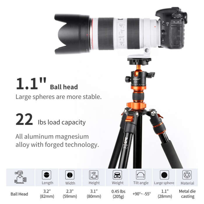 K&F CONCEPT KF31.023V3 360 Degree Rotating Panoramic Metal Tripod Ball Head with 1/4 Inch Quick R...
