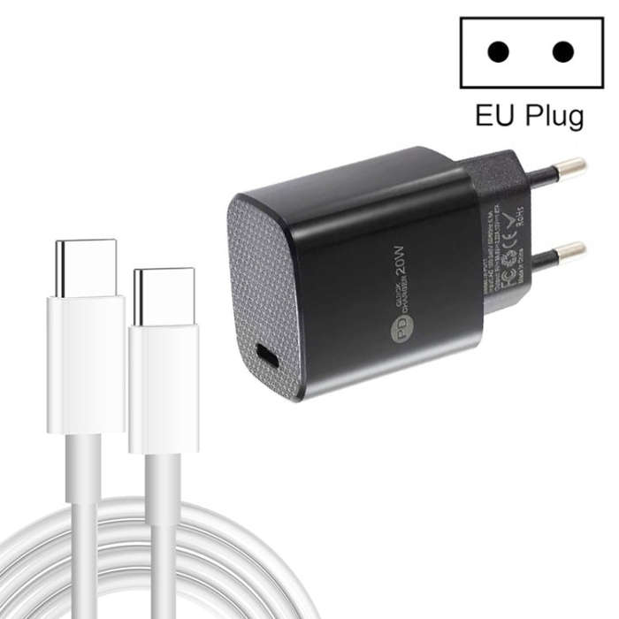 PD11 Single PD3.0 USB-C / Type-C 20W Fast Charger with 1m Type-C to Type-C Data Cable, EU Plug(Bl...