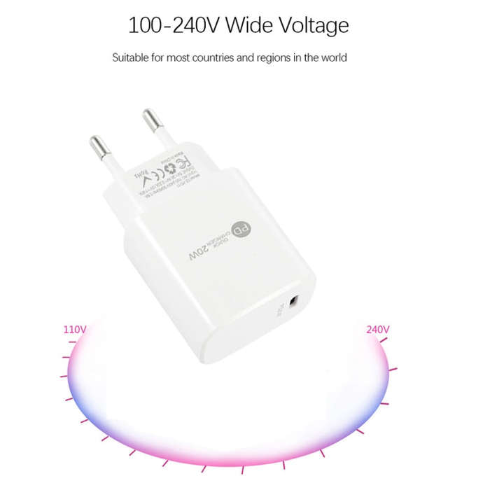 PD11 Single PD3.0 USB-C / Type-C 20W Fast Charger with 1m Type-C to Type-C Data Cable, EU Plug(Bl...