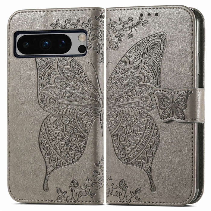 For Google Pixel 8 Pro Butterfly Love Flower Embossed Leather Phone Case(Gray)