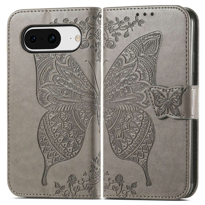 For Google Pixel 8 Butterfly Love Flower Embossed Leather Phone Case(Gray)