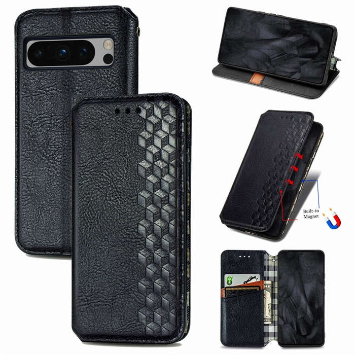For Google Pixel 8 Pro Cubic Grid Pressed Magnetic Leather Phone Case(Black)