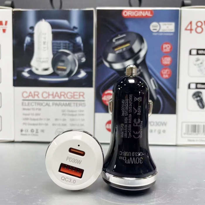 P28 USB-C PD30W + QC3.0 18W USB Dual Port Car Charger(Black)