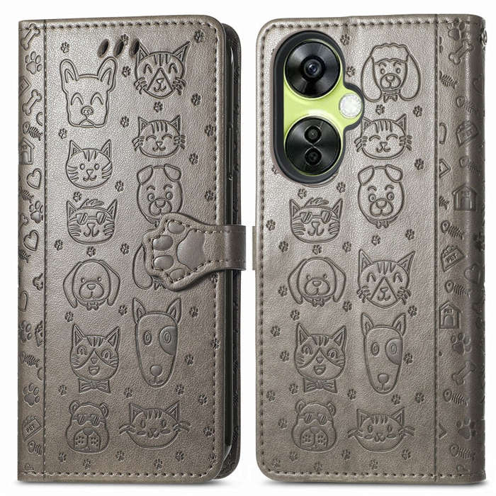 For OnePlus Nord CE 3 Lite Cat and Dog Embossed Leather Phone Case(Gray)