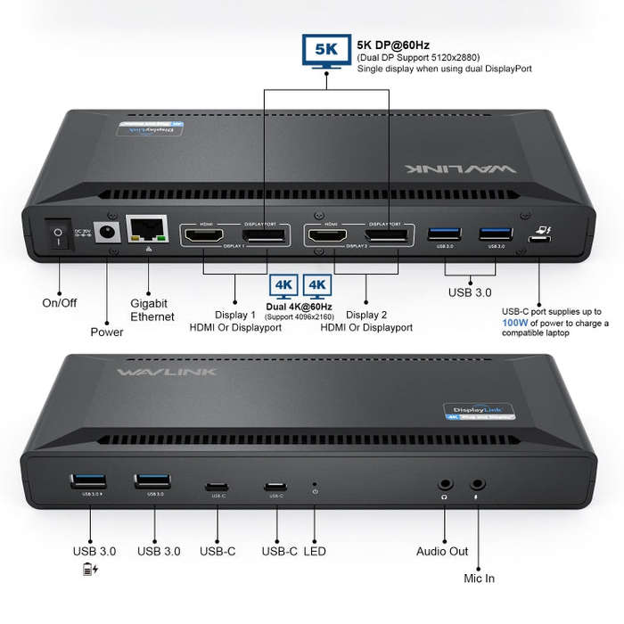 Wavlink UG69PD2 Dual 4K Fast Charging Integrated Docking Station, Plug:UK Plug