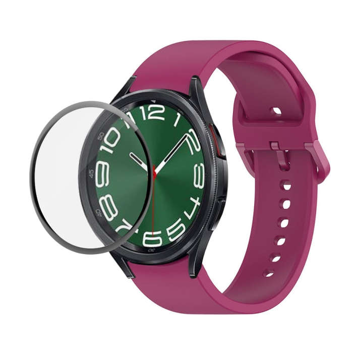 For Samsung Galaxy Watch6 Classic 43mm JUNSUNMAY Silicone Adjustable Strap + Full Coverage PMMA S...