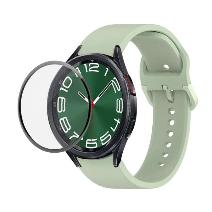For Samsung Galaxy Watch6 Classic 47mm JUNSUNMAY Silicone Adjustable Strap + Full Coverage PMMA S...