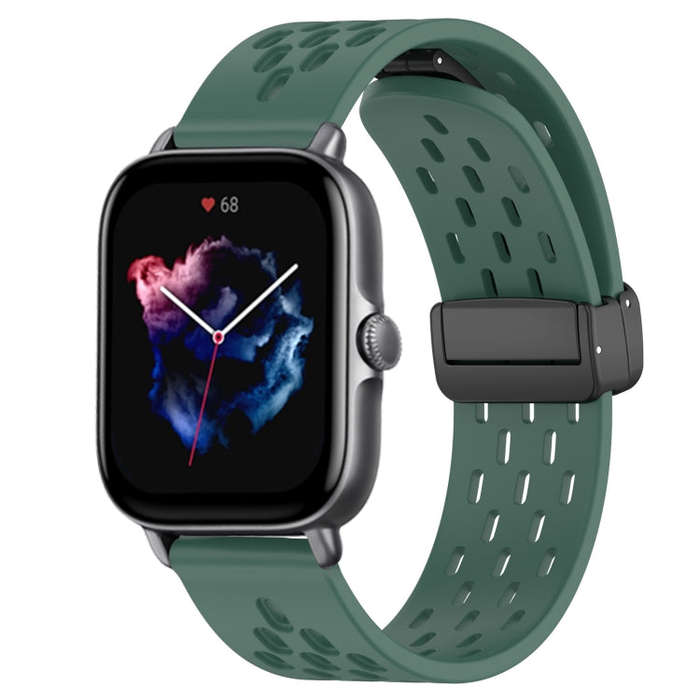 For Amazfit GTS 3 20mm Folding Magnetic Clasp Silicone Watch Band(Dark Green)