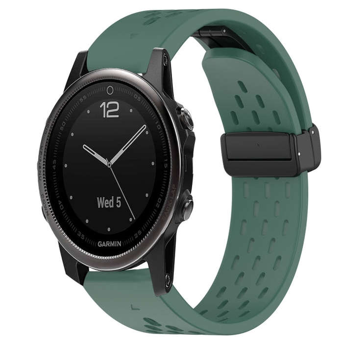 For Garmin Fenix 5S Plus Hole Folding Buckle 20mm Silicone Watch Band(Dark Green)