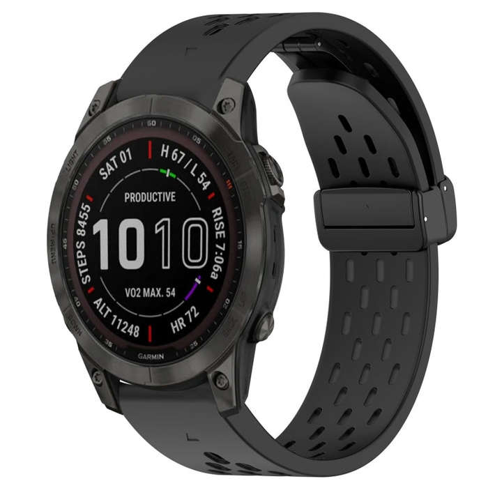 For Garmin Fenix 7 Sapphire Solar Hole Folding Buckle 22mm Silicone Watch Band(Black)