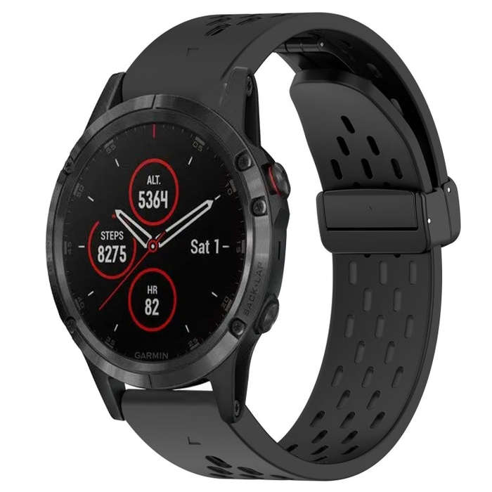 For Garmin Fenix 5 Plus Hole Folding Buckle 22mm Silicone Watch Band(Black)