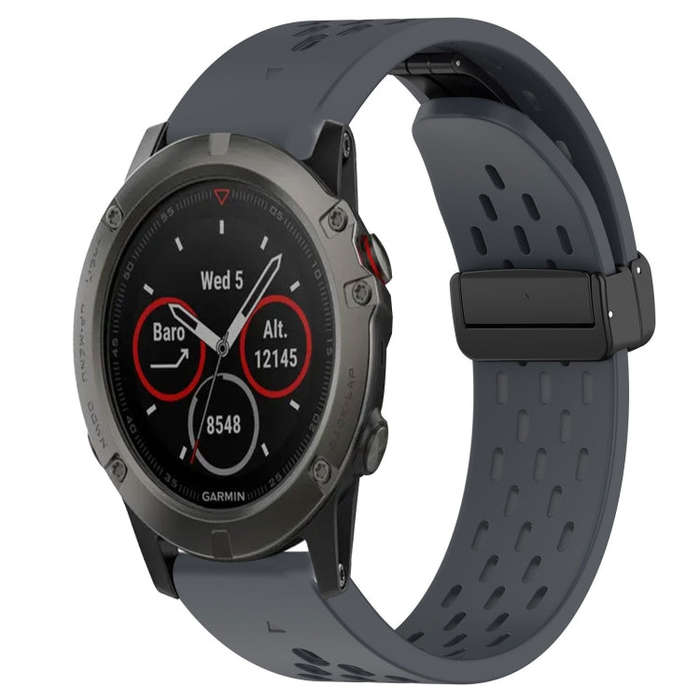 For Garmin Fenix 5X Sapphire Hole Folding Buckle 26mm Silicone Watch Band(Dark Gray)