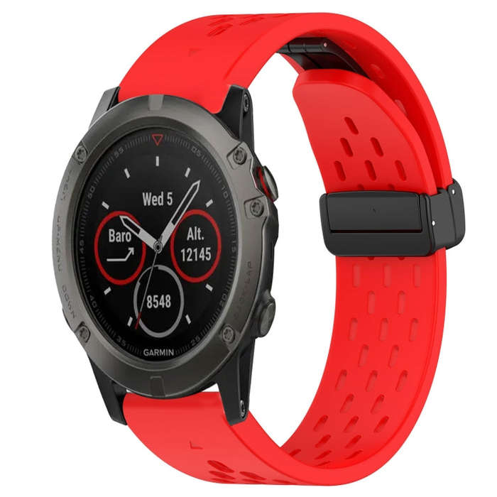 For Garmin Fenix 5X Sapphire Hole Folding Buckle 26mm Silicone Watch Band(Red)