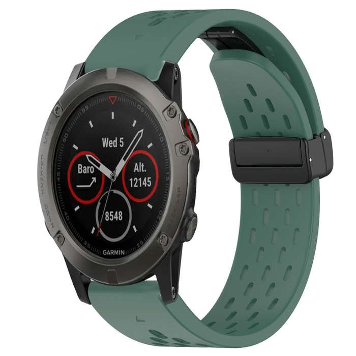 For Garmin Fenix 5X Sapphire Hole Folding Buckle 26mm Silicone Watch Band(Dark Green)