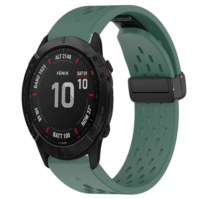 For Garmin Fenix 6X Sapphire Hole Folding Buckle 26mm Silicone Watch Band(Dark Green)