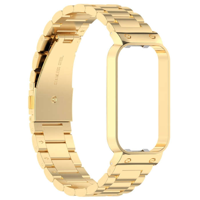 For Xiaomi Smart Band 8 Active Three Bead Stainless Steel Watch Band + Watch Metal Frame(Gold)