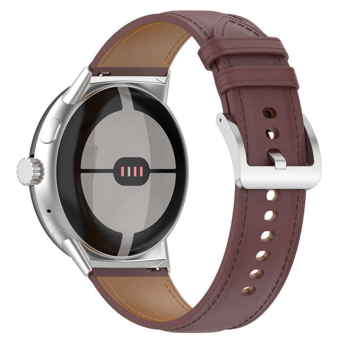 For Google Pixel Watch 2 Top Layer Leather Embossed Sewing Watch Band(Dark Brown)