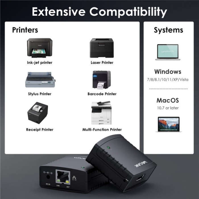 WAVLINK NU72P11 100Mbps Network Print Server USB 2.0 Network Printer Power Adapter(EU Plug)