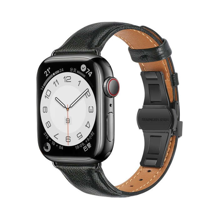 For Apple Watch Ultra 49mm Plain Leather Butterfly Buckle Watch Band(Black+Black)