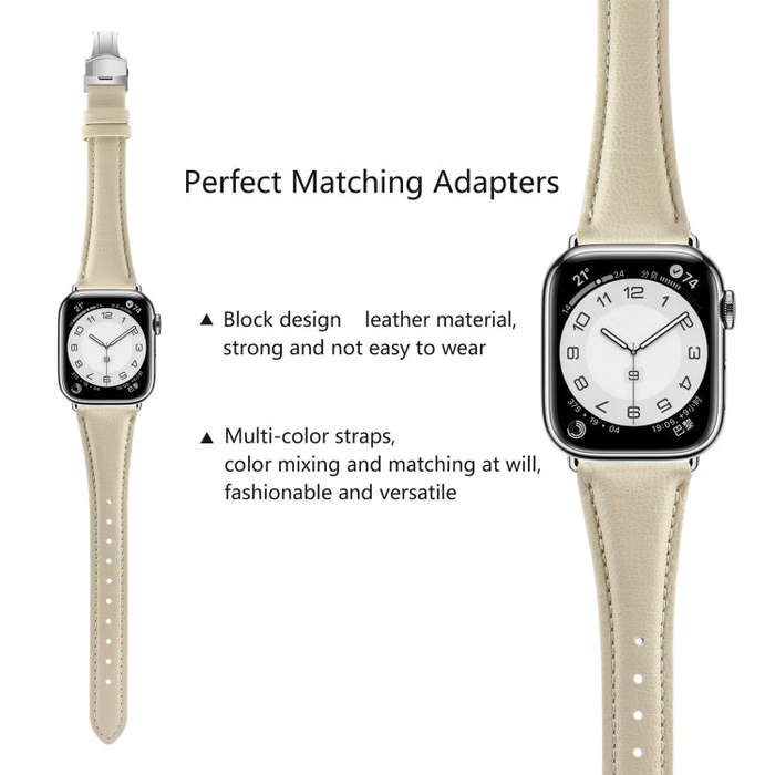 For Apple Watch Series 7 45mm Plain Leather Butterfly Buckle Watch Band(Beige+Silver)