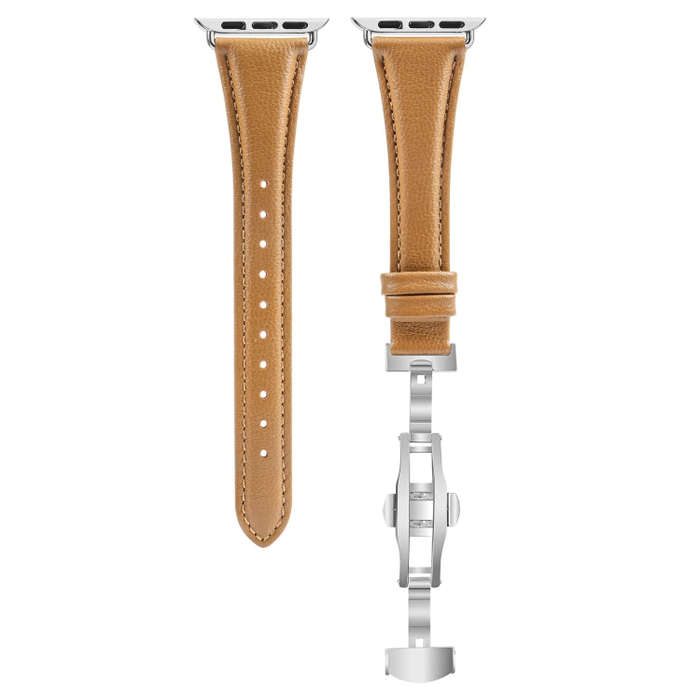 For Apple Watch Series 7 45mm Plain Leather Butterfly Buckle Watch Band(Brown+Silver)