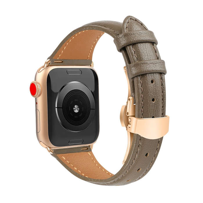 For Apple Watch Series 7 45mm Plain Leather Butterfly Buckle Watch Band(Gray+Rose Gold)