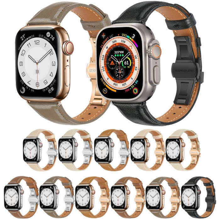 For Apple Watch Series 4 44mm Plain Leather Butterfly Buckle Watch Band(Dark Brown+Rose Gold)
