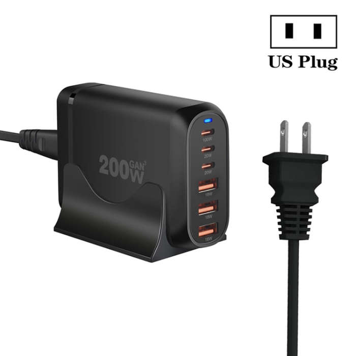 GaN PD100W Type-C x 3 + USB x 3 Multi Port Laptop Adapter, Plug Size:US Plug