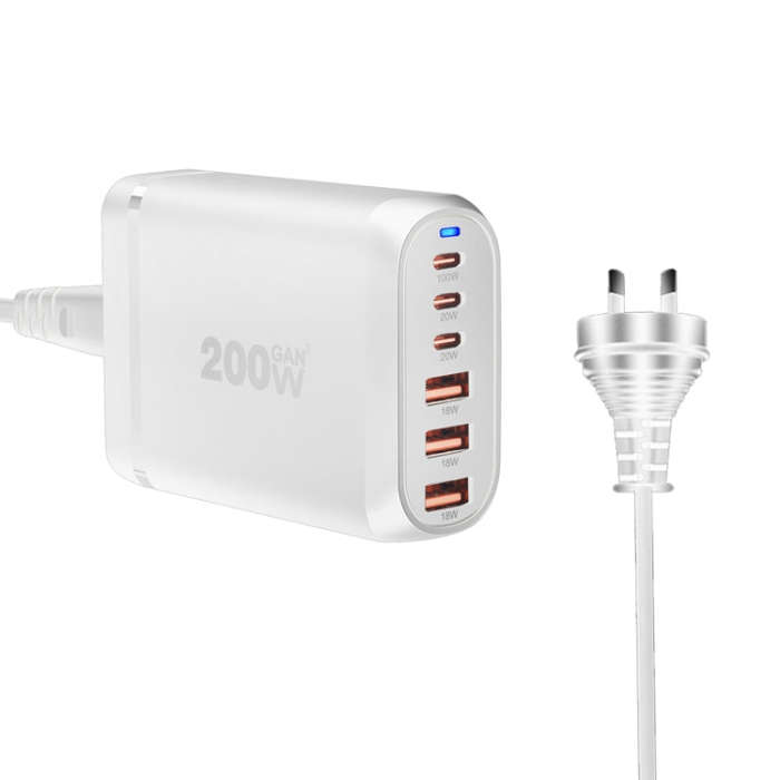 GaN PD100W Type-C x 3 + USB x 3 Multi Port Laptop Adapter, White, Plug Size:AU Plug